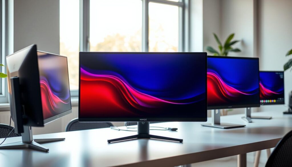 A well-lit, contemporary office desk showcasing an array of video editing monitors in various price ranges. In the foreground, a mid-range 27-inch monitor with sleek bezels and vibrant color accuracy. In the middle ground, a high-end 32-inch 4K display with advanced HDR capabilities. In the background, a budget-friendly 24-inch 1080p monitor suitable for basic video editing tasks. Subtle natural lighting filters through large windows, casting a warm, productive atmosphere. The desk surface is clean and organized, emphasizing the importance of carefully considering budgets when selecting the right video editing monitor.
