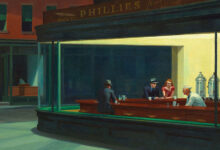 Edward Hopper Nighthawks painting showing people in a bar at night