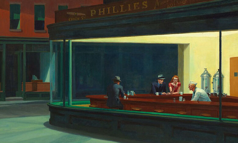 Edward Hopper Nighthawks painting showing people in a bar at night