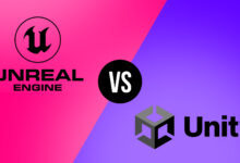 Unity and Unreal Engine logos on pink and violet backgrounds. Text reads Unity vs Unreal Engine 5