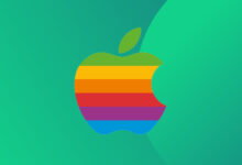 The colour Apple logo on a green background.