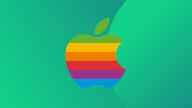 The colour Apple logo on a green background.