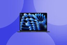 The MacBook Air (M4) on a blue background.