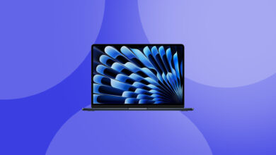 The MacBook Air (M4) on a blue background.