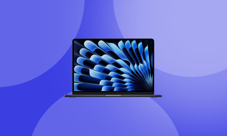 The MacBook Air (M4) on a blue background.