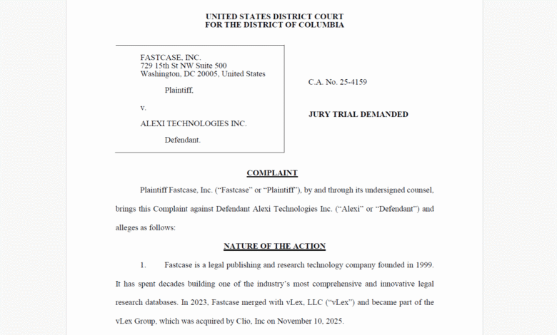 Fastcase Files Lawsuit Against Alexi Over Alleged Data Misuse and Trademark Infringement